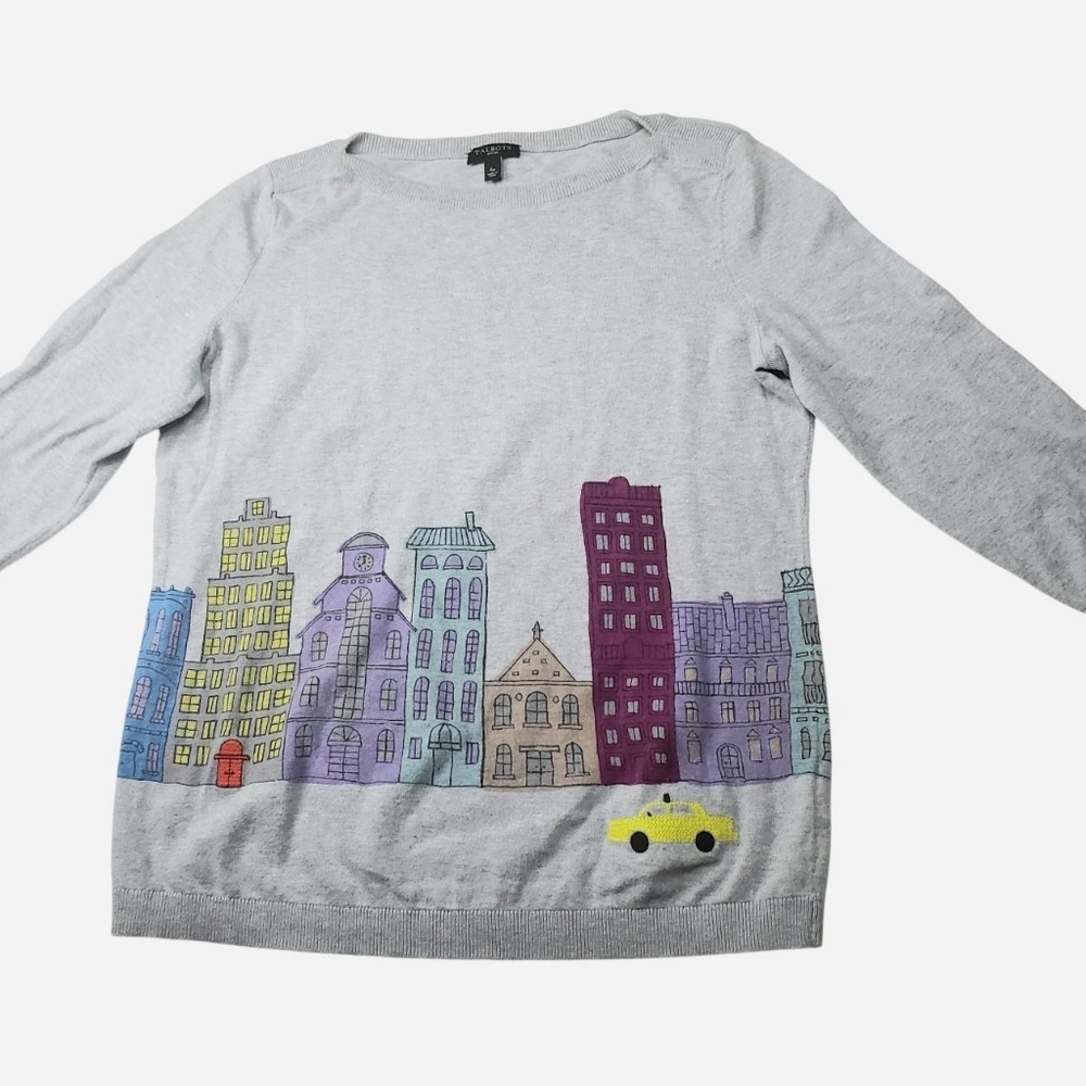 Talbots Petite Sweater Womens Small 3/4 Sleeve New York City Bldgs Yellow Cab